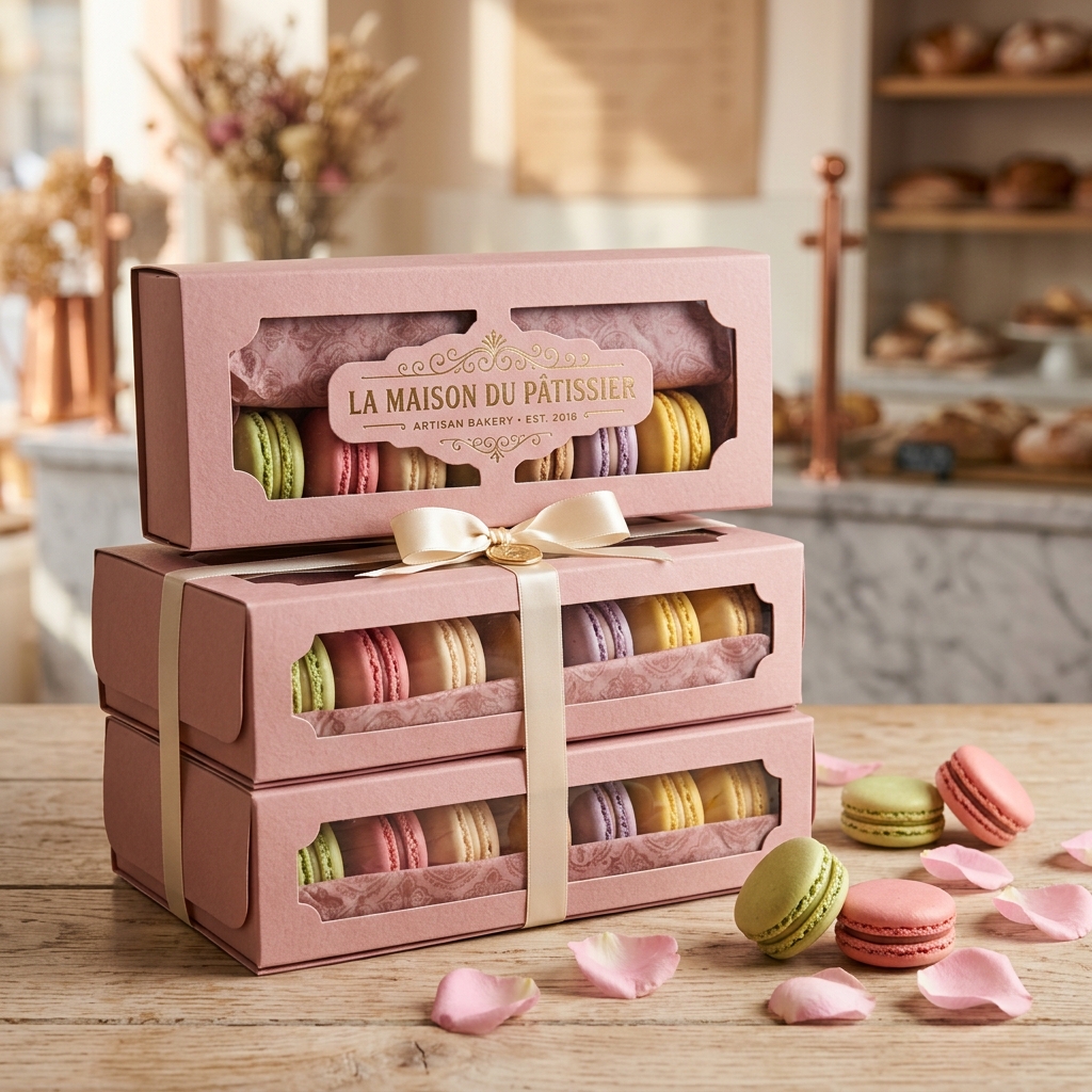 High converting patisserie box with die-cut window and storefront storytelling labels