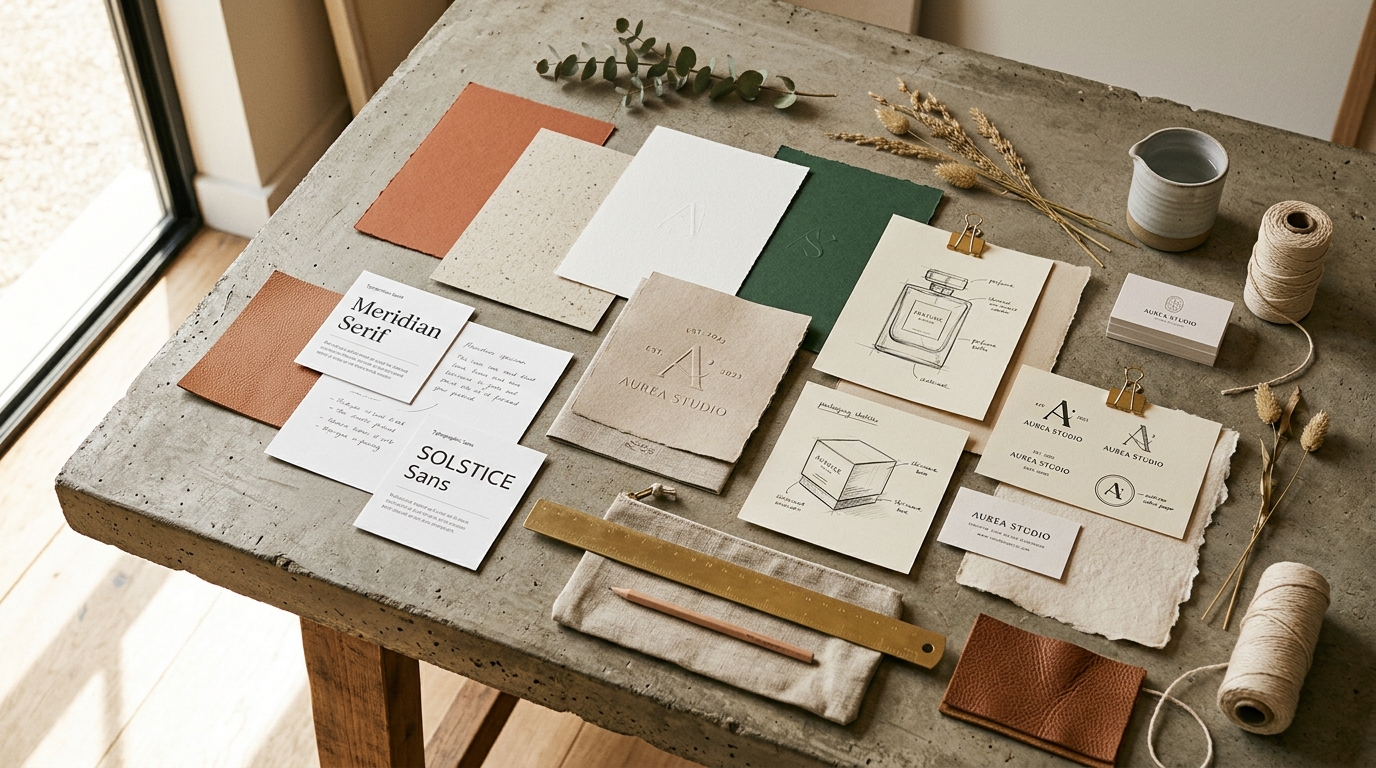 Studio craft desk with typographic specimens, dieline sketches, and paper swatches